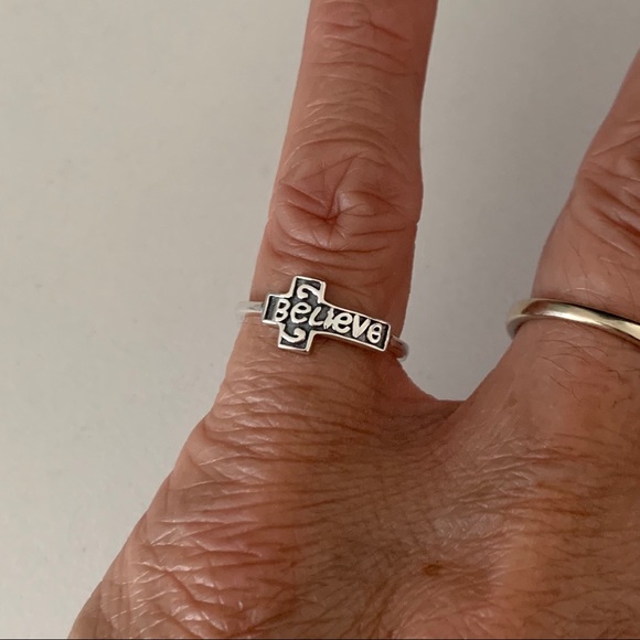 Sterling Silver Believe Sideway Cross Ring, Religious Jewelry, Silver Rings - Picture 4 of 8